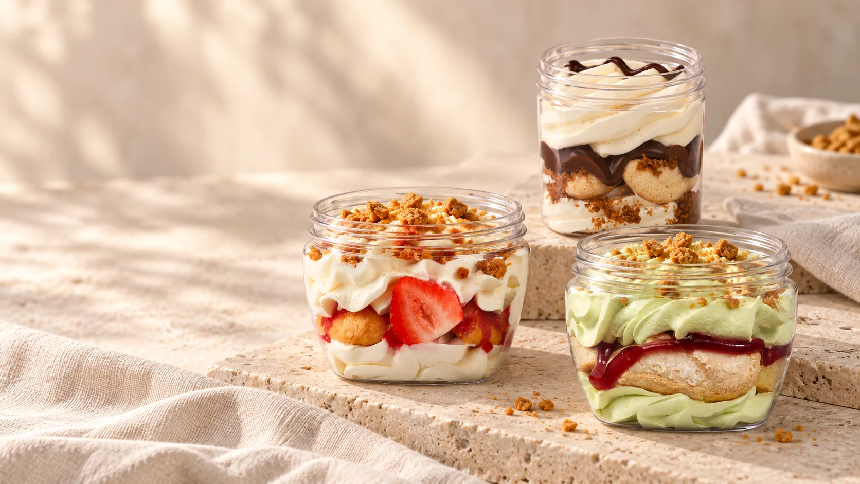 Trio de desserts artisanaux sur travertin